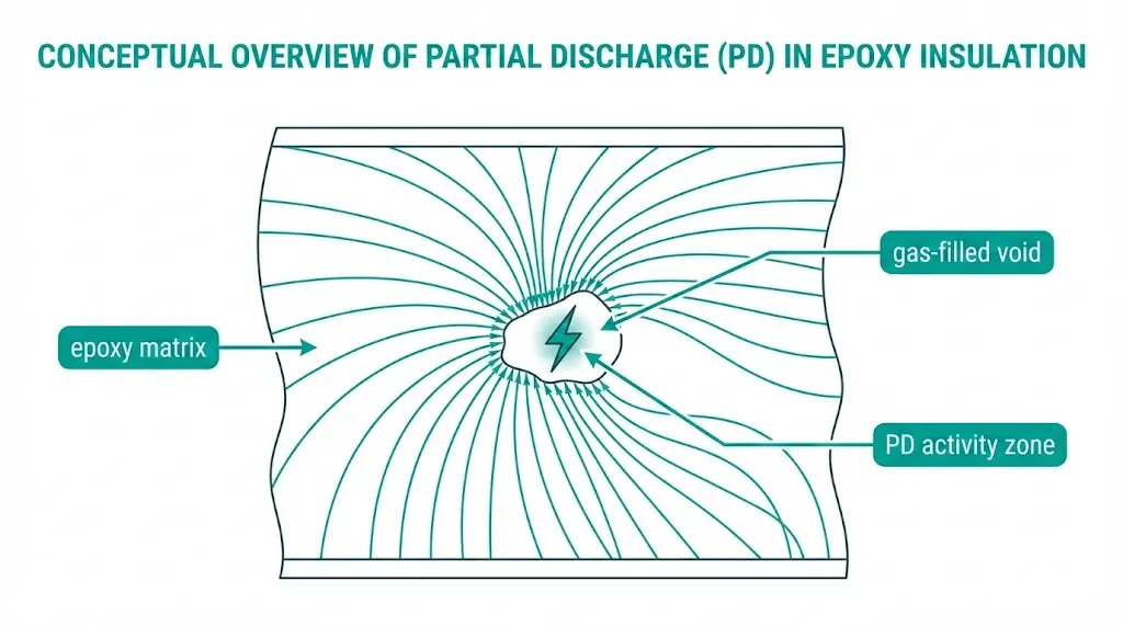 Partial discharge in epoxy insulation cross-section showing void defect with electric field concentration and PD activity