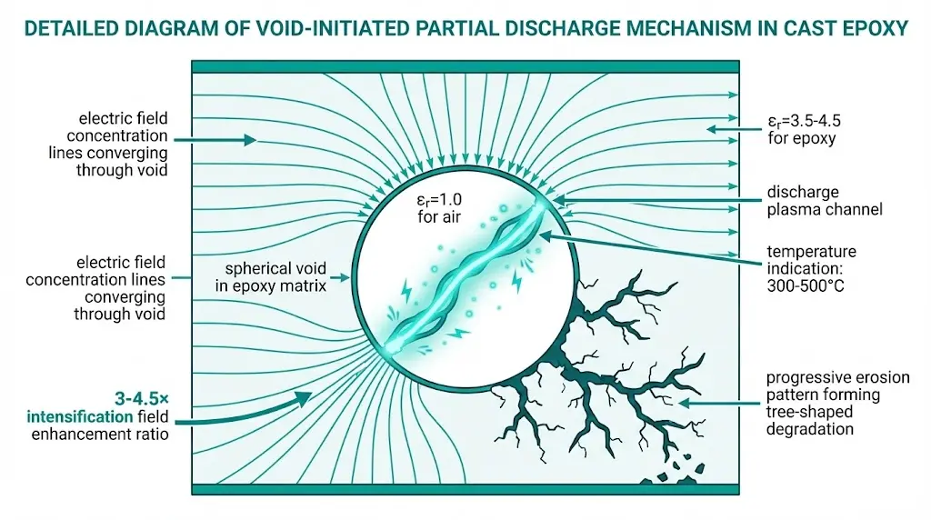 Partial discharge mechanism diagram showing electric field concentration in epoxy void with plasma channel and erosion pattern