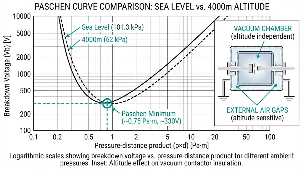Diagramme de courbe de Paschen comparant la tension de claquage diélectrique au niveau de la mer et à 4000 m d'altitude, avec la section transversale du contacteur à vide en médaillon.