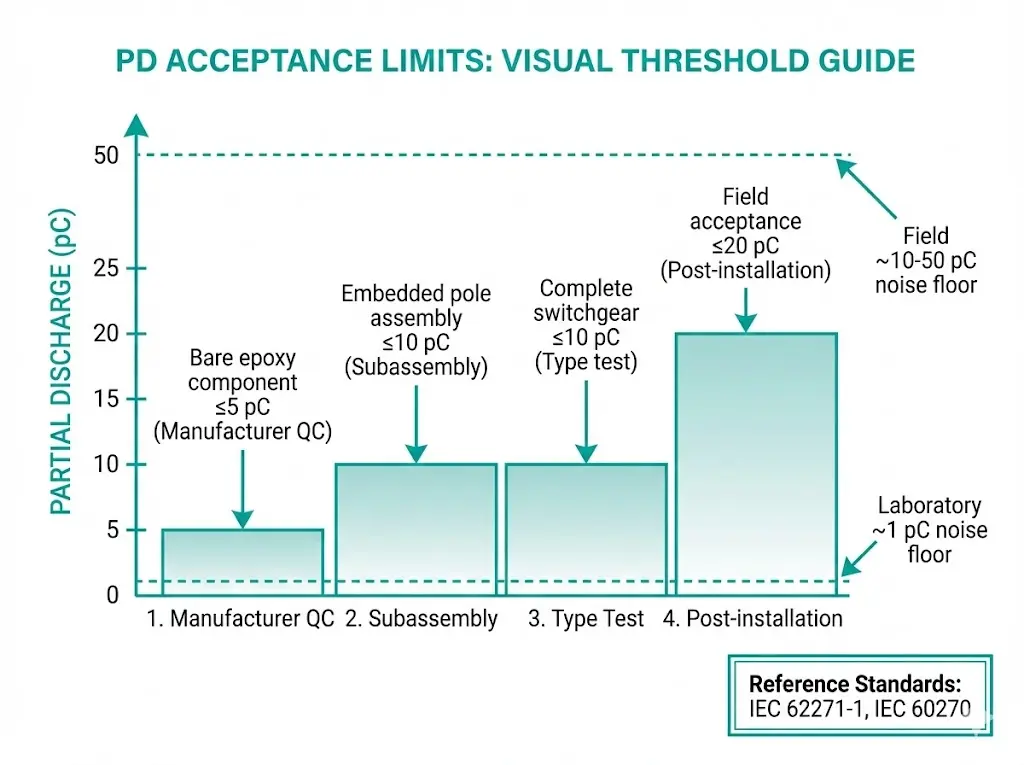 PD acceptance threshold chart showing IEC limits from 5 pC component level to 20 pC field acceptance
