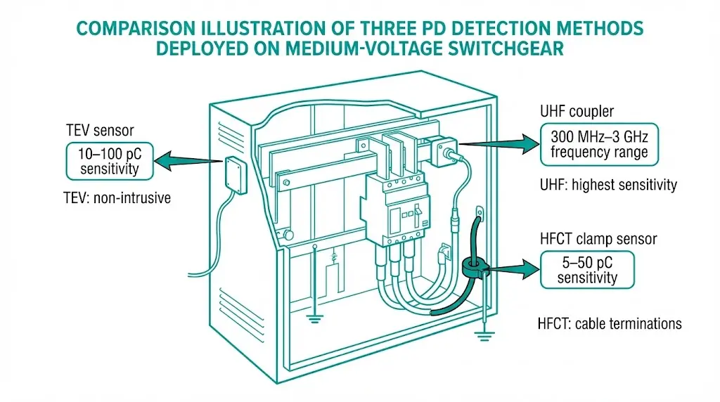 PD detection methods comparison showing TEV sensor, UHF coupler, and HFCT clamp positions on medium-voltage switchgear