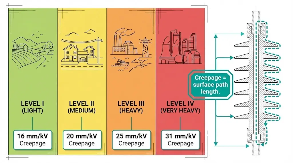 Pollution severity levels I through IV with minimum creepage distances 16 to 31 mm per kV for insulation coordination per IEC 60815