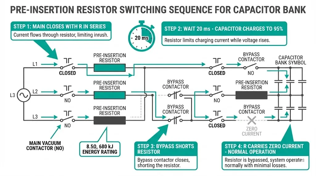Schaltplan für eine Vorwiderstandsschaltung mit Anmerkungen zur Zeitsequenz, der den Hauptschütz, den Bypass-Schütz und die Kondensatorbank zeigt