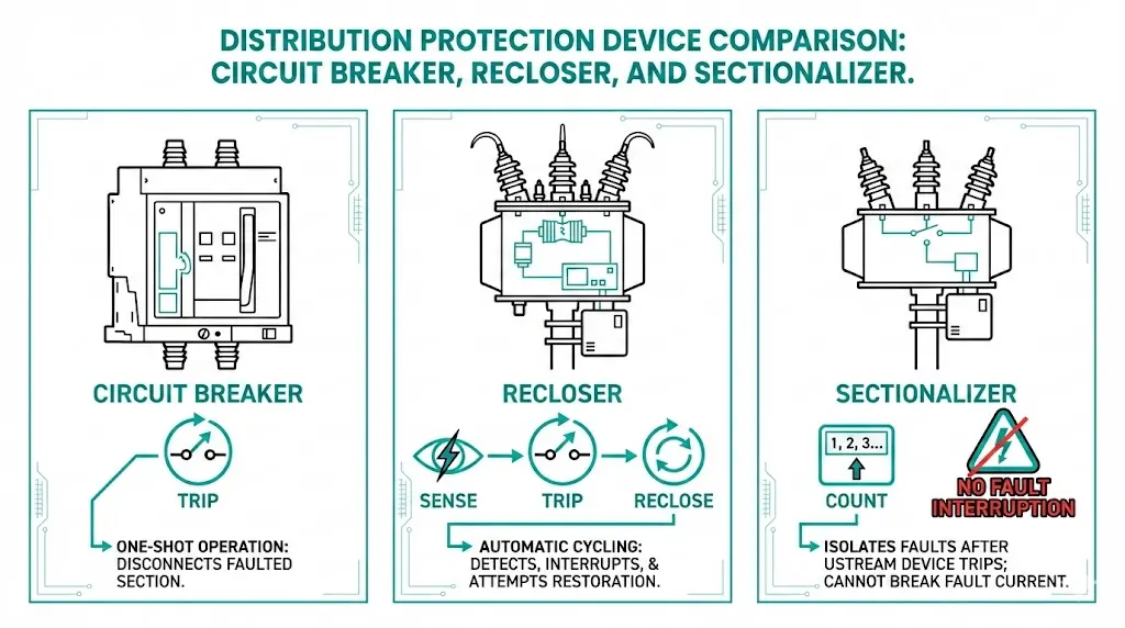 Comparaison entre un réenclencheur, un disjoncteur et un sectionneur montrant les différences de capacité d'interruption de défaut et de réenclenchement