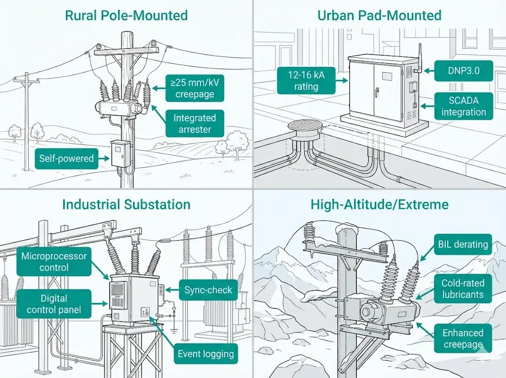 Four recloser deployment scenarios showing rural pole-mounted urban pad-mounted industrial substation and high-altitude installations
