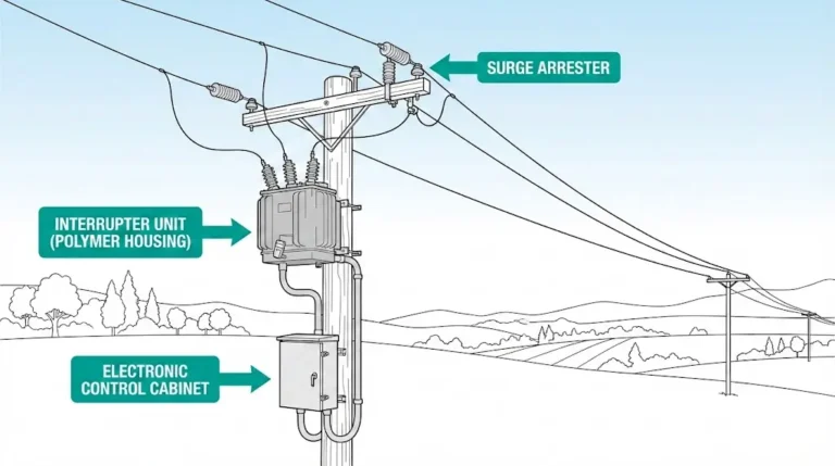 Automatic circuit recloser mounted on distribution pole with electronic control cabinet and utility lines in background