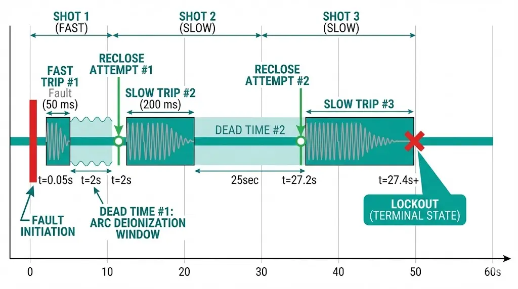 Reclose sequence timeline diagram showing fast trip, dead time intervals, slow trips, and lockout progression for 1F-2S configuration