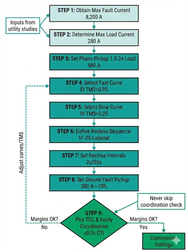 Nine-step recloser settings workflow flowchart from fault current analysis through TCC coordination verification with example values