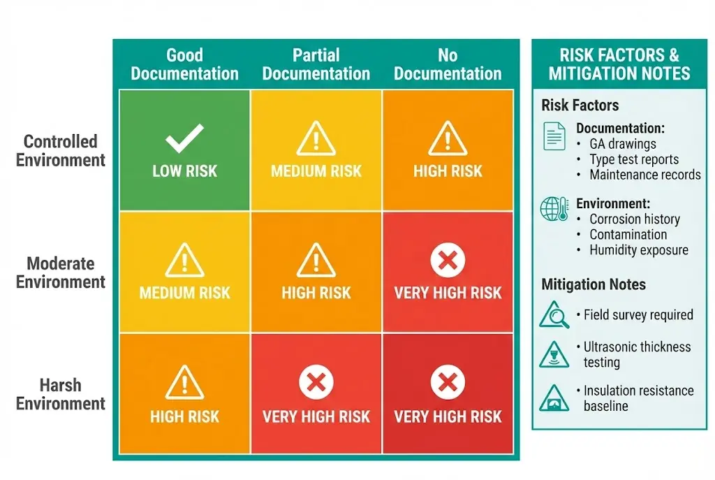 Retrofit risk assessment matrix showing low medium and high risk levels based on documentation availability and environmental condition factors