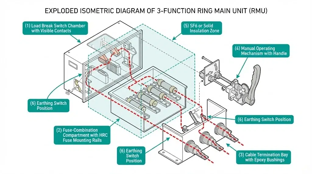 Exploded view diagram of ring main unit showing LBS chamber, fuse compartment, cable termination bay, and operating mechanism components