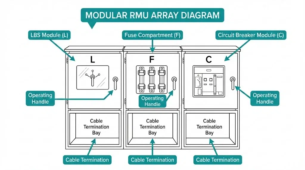 Modular ring main unit array showing LBS, fuse, and circuit breaker compartments for medium-voltage distribution network applications