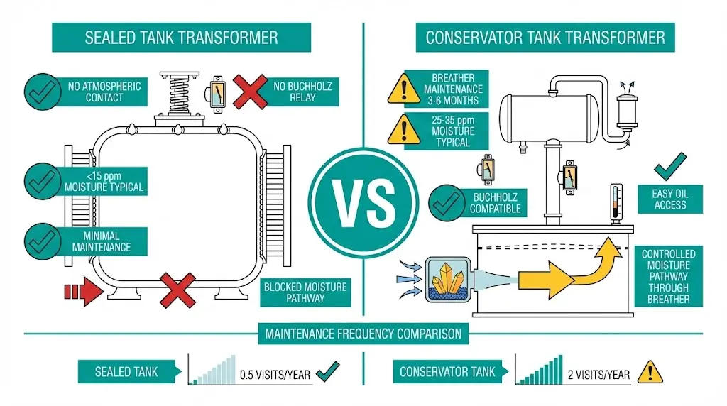 Sealed versus conservator tank transformer infographic comparing moisture control performance, Buchholz relay compatibility, and annual maintenance frequency