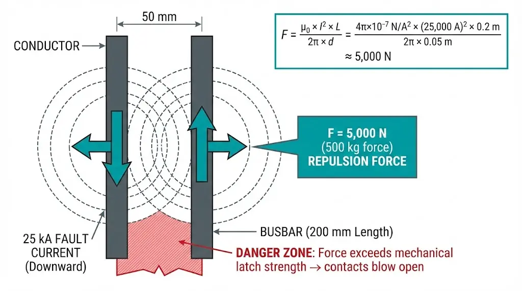 Cross-section diagram showing electromagnetic repulsion forces between parallel conductors during 25 kA fault current creating 5000 N force
