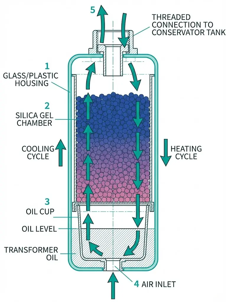 Schéma en coupe du reniflard à gel de silice montrant l'entrée d'air de la chambre à gel et de la coupelle d'huile ainsi que la trajectoire du flux d'air du cycle de respiration pour la protection contre l'humidité des transformateurs.