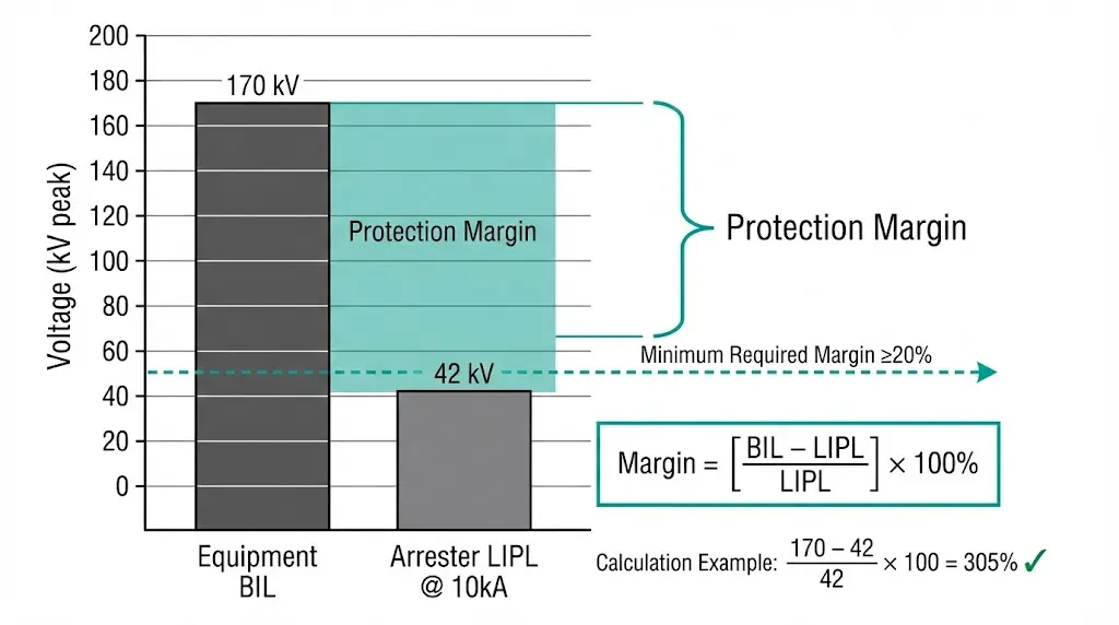 Protection margin bar diagram comparing equipment BIL to surge arrester protective level with safety margin