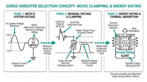 Surge arrester selection parameters diagram showing MCOV, residual voltage, and energy rating concepts