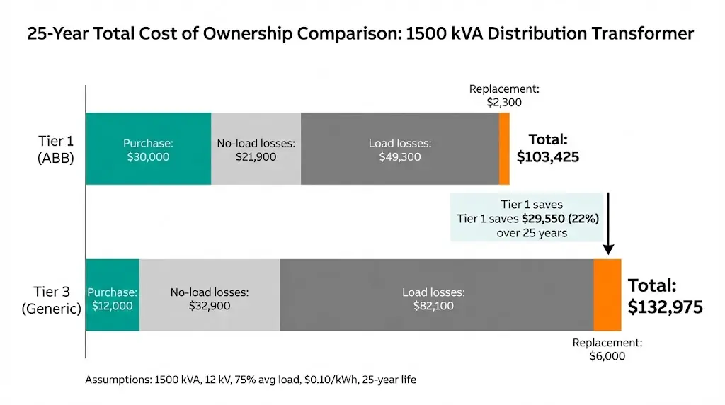 खरीद और हानि खंडों सहित 25 वर्षों में टियर-1 ABB ट्रांसफॉर्मर (103k डॉलर) बनाम टियर-3 (133k डॉलर) की कुल स्वामित्व लागत का बार चार्ट