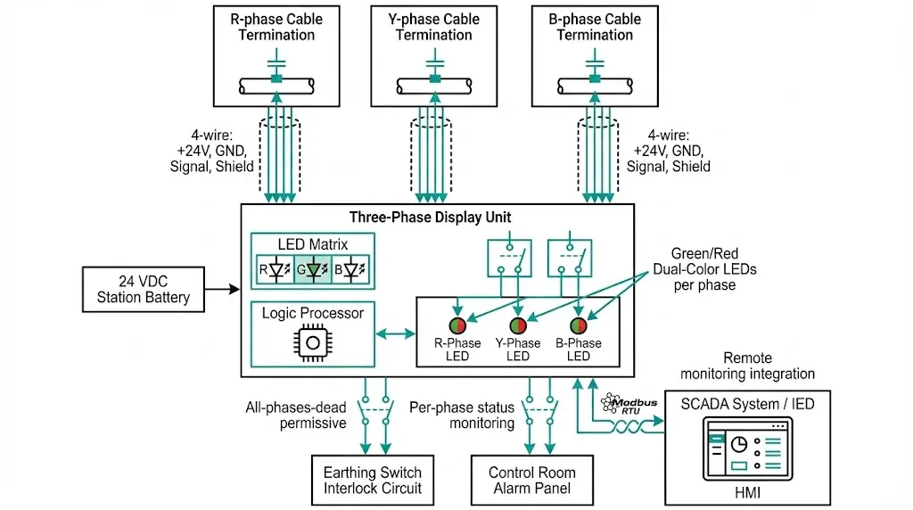 மூன்று-கட்ட VPIS அமைப்பு கட்டமைப்பு, இது மையக் காட்சி அலகை, மண்வாக்கு சுவிட்ச் இன்டர்லாக்-க்கான துணைத் தொடர்புகள் மற்றும் SCADA-வுக்கான மோட்பஸ் இணைப்பு ஆகியவற்றைக் காட்டுகிறது.