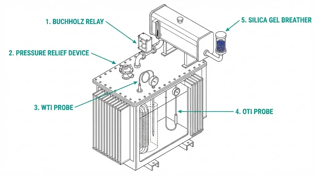 Schéma du transformateur à bain d'huile montrant les positions de montage du relais Buchholz PRD WTI OTI et du reniflard à gel de silice.