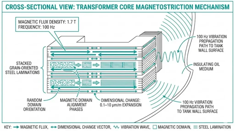 Transformer core cross-section showing magnetostriction in silicon steel laminations with magnetic flux and dimensional change vectors