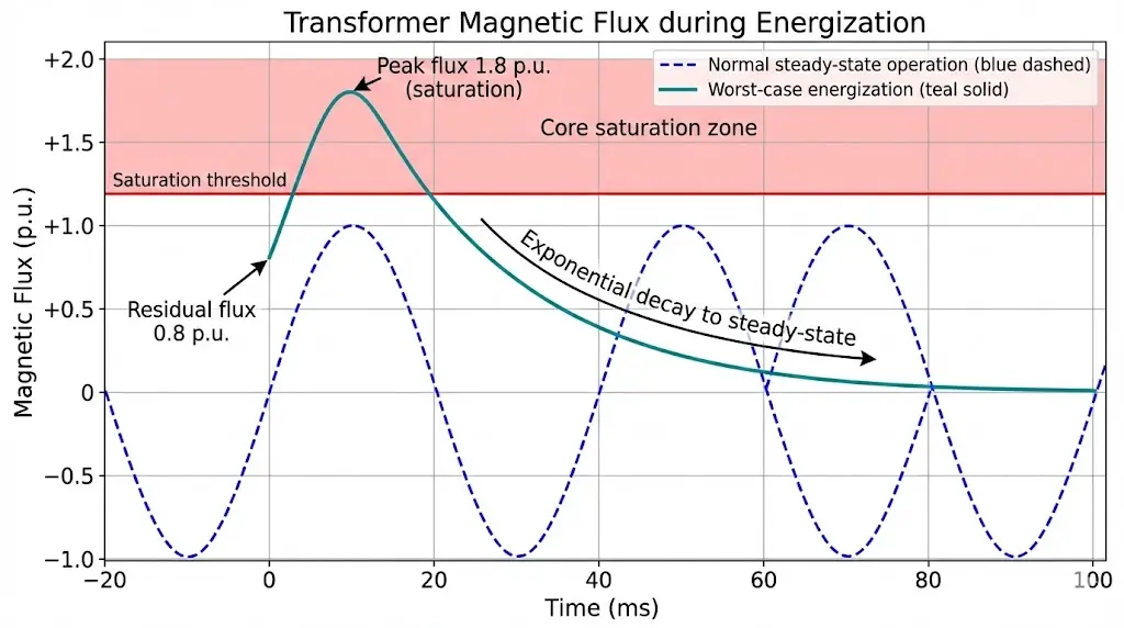 Grafico che mostra il flusso del trasformatore in funzione del tempo durante l'alimentazione con flusso residuo e saturazione del nucleo che causano un picco di flusso di 1,8 per unità.