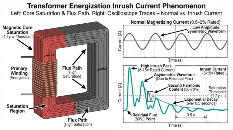 Transformer inrush current diagram showing core saturation and oscilloscope trace with 8-15× rated current asymmetric waveform