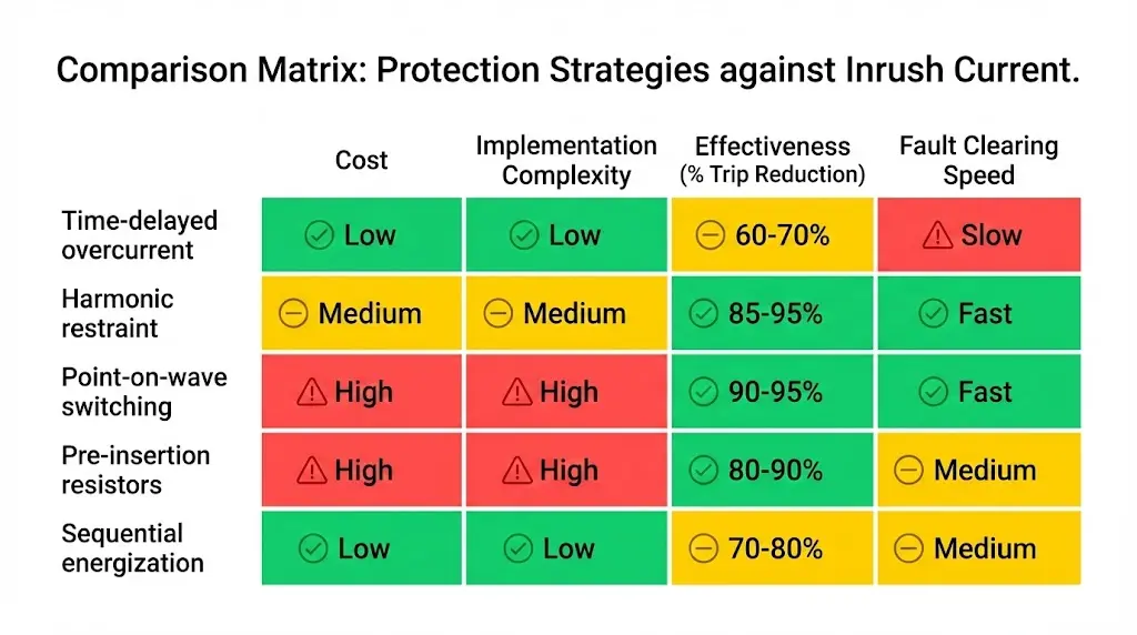 Matrice comparativa di cinque strategie di protezione contro le correnti di spunto dei trasformatori che mostra l'efficacia in termini di complessità dei costi e velocità di eliminazione dei guasti