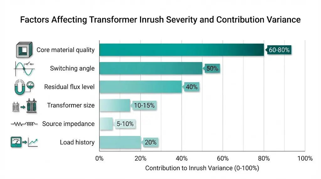 Grafico a barre che mostra sei fattori che influenzano la gravità della corrente di spunto dei trasformatori, con il materiale del nucleo e l'angolo di commutazione come fattori primari.