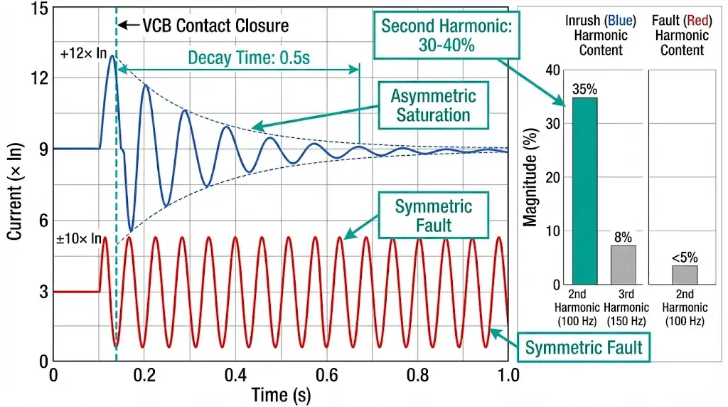 Oscilloscope traces comparing transformer inrush current with 35% second harmonic versus symmetrical fault current waveform