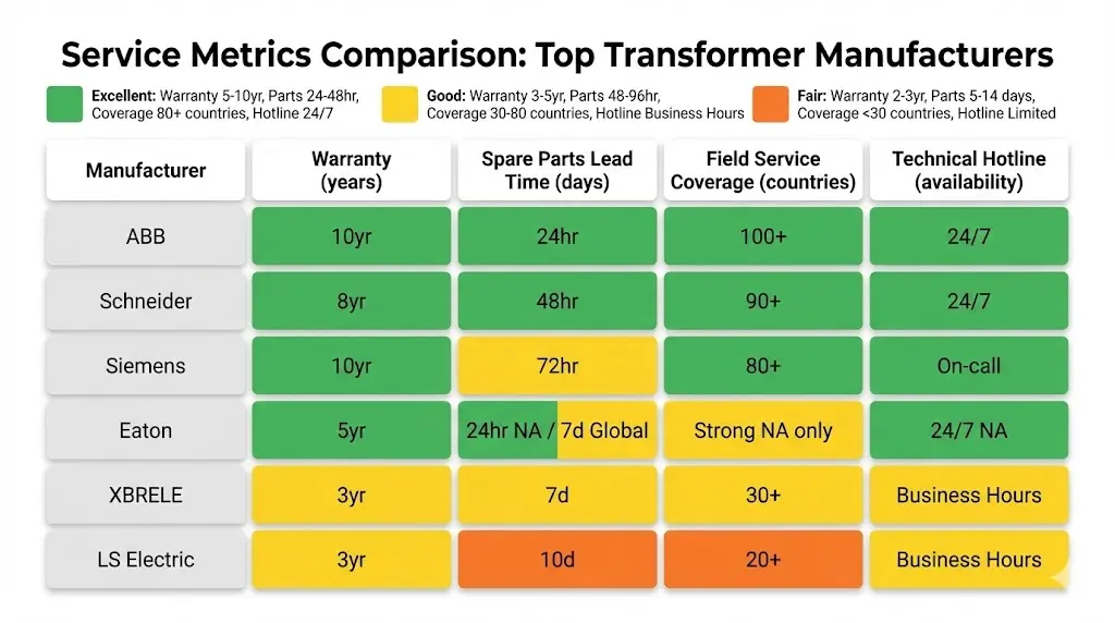 सेवा तुलना मैट्रिक्स दिखाता है ABB Schneider टियर-1 वारंटी 5–10 वर्ष, 24 घंटे में पुर्जे, बनाम टियर-2 XBRELE LS Electric 3-वर्षीय वारंटी, 7–10 दिन का लीड टाइम
