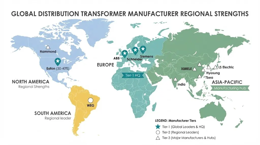 विश्व मानचित्र जो वितरण ट्रांसफार्मर निर्माताओं की क्षेत्रीय ताकतें दिखाता है: ABB, Schneider Europe, XBRELE Asia, Eaton North America, WEG South America