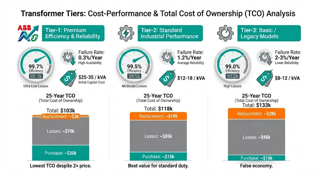 तीन-स्तरीय वितरण ट्रांसफॉर्मर निर्माताओं की तुलना, जिसमें टियर-1 ABB और Schneider की 99.7 प्रतिशत दक्षता की तुलना टियर-2 और टियर-3 से 25-वर्षीय TCO विश्लेषण के साथ की गई है।