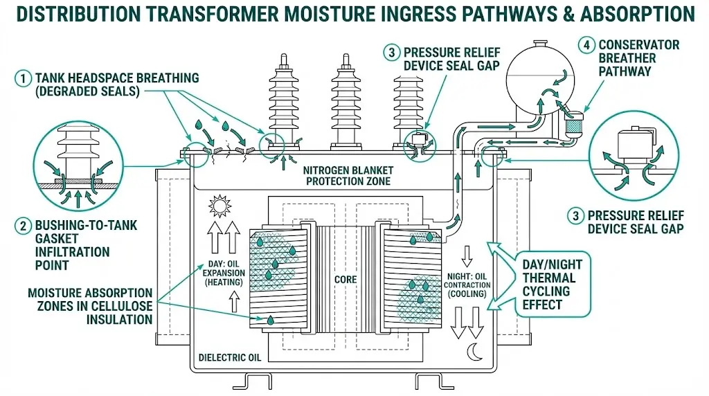 Transformer cross-section diagram showing moisture ingress pathways through seals, bushings, and breathing cycles during storage