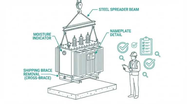 Transformer pre-energization checklist illustration showing crane installation, inspection points, and commissioning verification steps