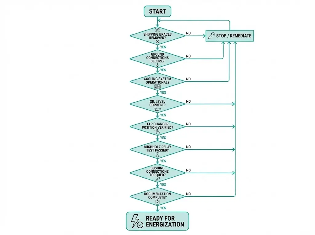 Transformer pre-energization verification flowchart showing go/no-go decision points from shipping brace removal to documentation