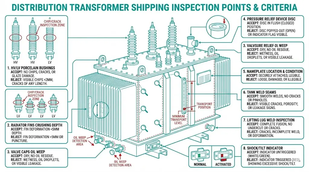 Annotated transformer diagram showing shipping inspection points including bushings, valves, seams, and shock indicators
