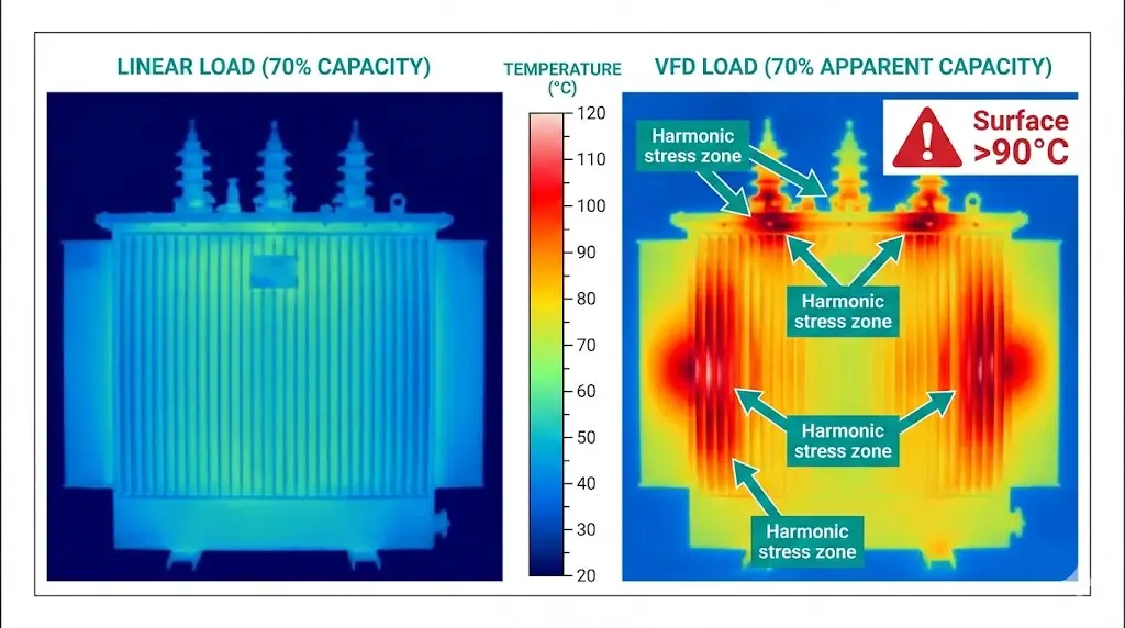 Thermal imaging comparison showing transformer temperature distribution under linear load versus VFD harmonic load with visible hotspots