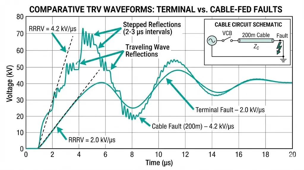 Comparative TRV waveform diagram showing terminal fault versus cable-fed fault with steeper RRRV and traveling wave reflections