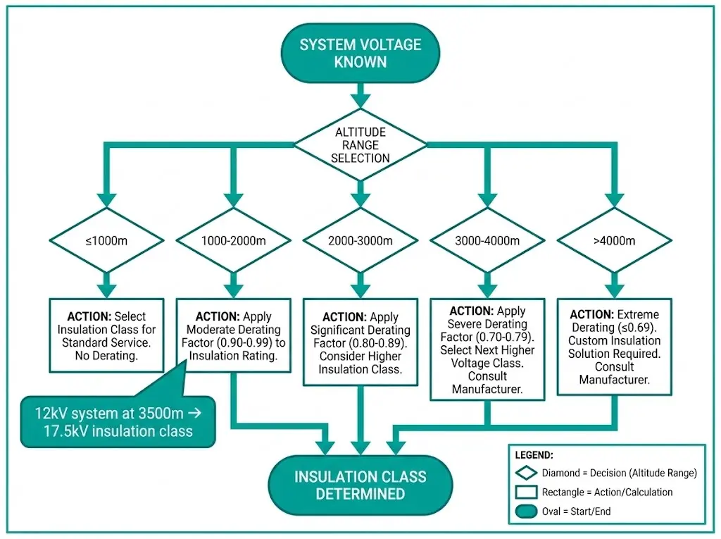 Organigramme de décision pour la sélection de la classe d'isolation des contacteurs à vide en fonction de la tension du système et de l'altitude de l'installation au-dessus de 1000m