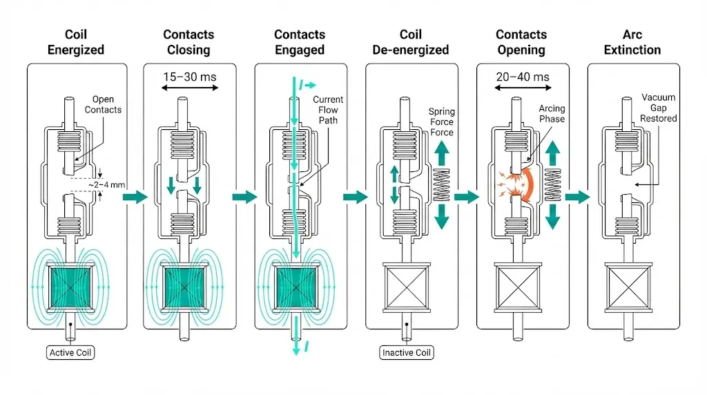 رسم تخطيطي لتسلسل تبديل الملامس الفراغي يوضح مراحل تنشيط الملف، وإغلاق الملامس، وبدء القوس، وانطفاء القوس