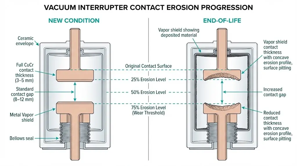 Cross-section diagram showing vacuum interrupter contact erosion from new condition to end-of-life with wear threshold indicators
