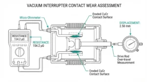 Vacuum interrupter contact wear assessment diagram showing micro-ohmmeter resistance testing and over-travel measurement setup