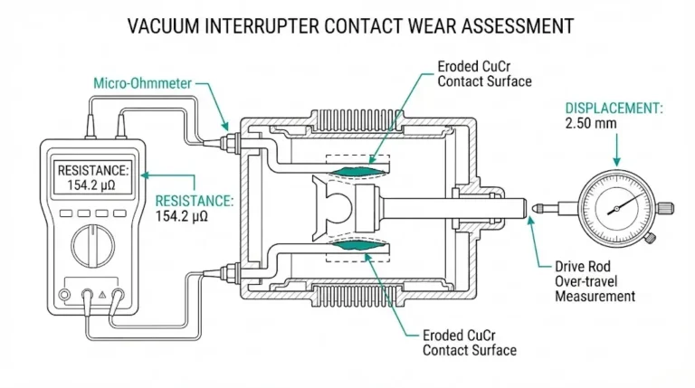 Vacuum interrupter contact wear assessment diagram showing micro-ohmmeter resistance testing and over-travel measurement setup