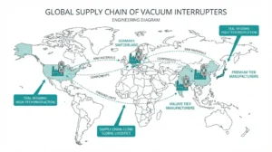 Vacuum interrupter manufacturers global map showing premium and volume tier supplier locations with VI cross-section