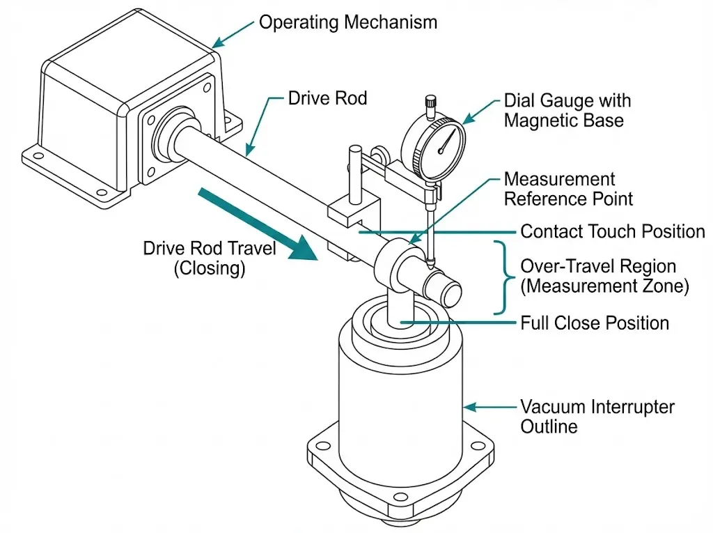 Technical diagram showing dial gauge positioning for measuring vacuum interrupter over-travel at operating mechanism drive rod