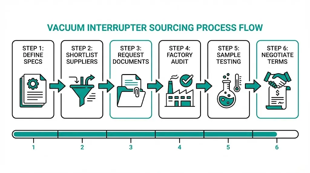 Six-step vacuum interrupter sourcing flowchart from specifications through factory audit to commercial negotiation