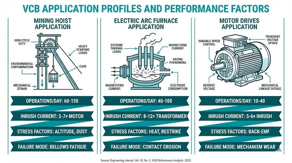 VCB application comparison showing switching frequency and stress factors for mining hoists, EAF, and motor drives