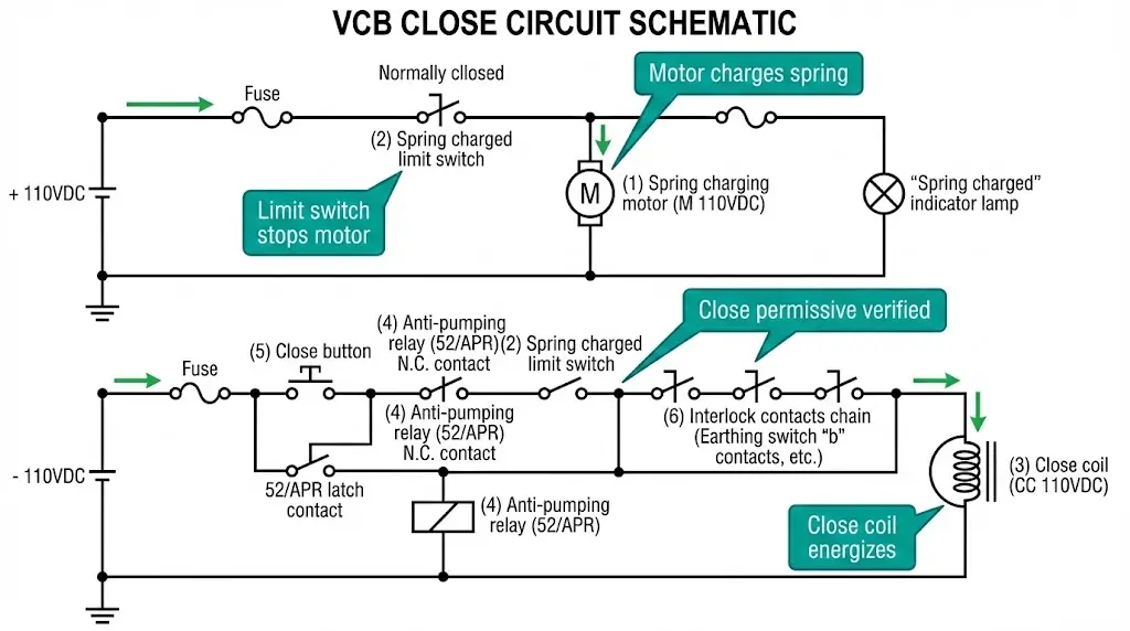 ஸ்பிரிங் சார்ஜிங் மோட்டார், க்ளோஸ் கோயில், ஆன்டி-பம்பிங் ரிலே, ஸ்பிரிங் சார்ஜ்டு சுவிட்ச் மற்றும் இன்டர்லாக் தொடர்புச் சங்கிலி ஆகியவற்றைக் காட்டும் VCB மூடிய சுற்று வரைபடம்