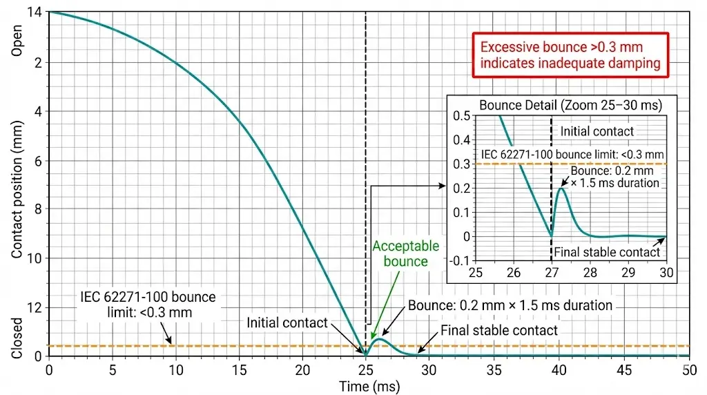 Grafik, die die Schließwegkurve des VCB mit einer Kontaktprellungsmessung von 0,2 mm Amplitude innerhalb der Grenze gemäß IEC 62271-100 zeigt
