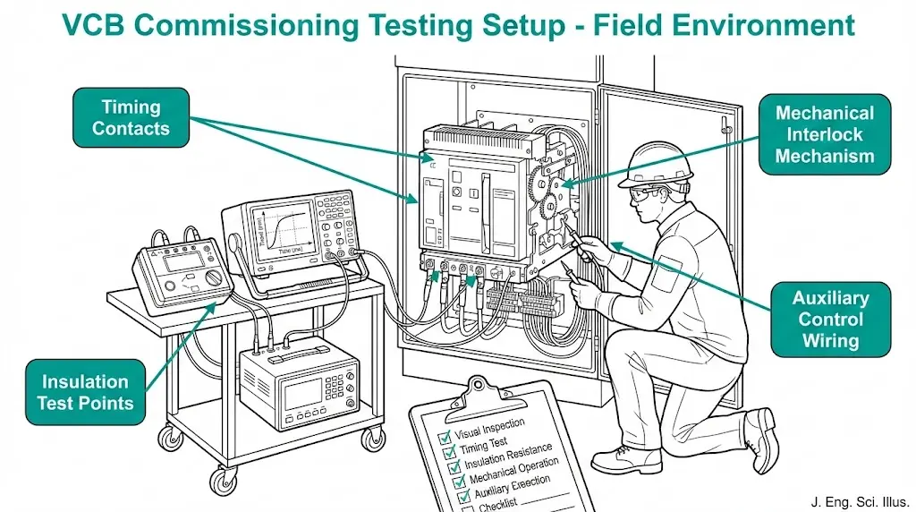Configuración de pruebas de campo para la puesta en servicio de un interruptor automático de vacío, que muestra el equipo de prueba de sincronización del analizador VCB y el megóhmetro de resistencia de aislamiento.